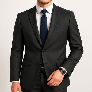 Chaps Men's 44L Black Gray Two Button Blazer Business Suit Jacket Office Career